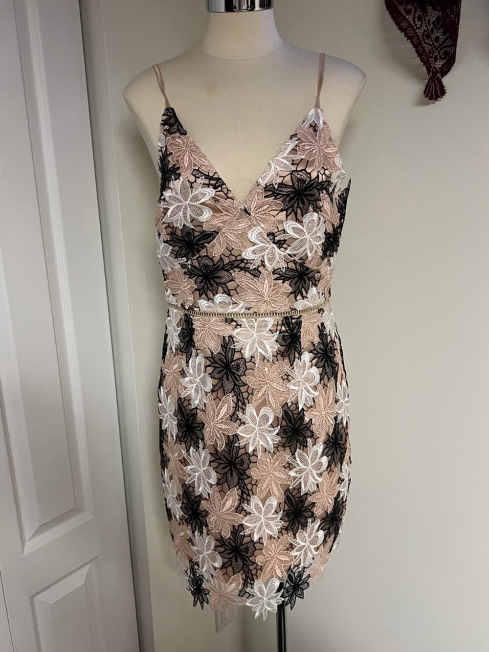 Minuet Blush Floral Lace Spaghetti Strap Mini Dress